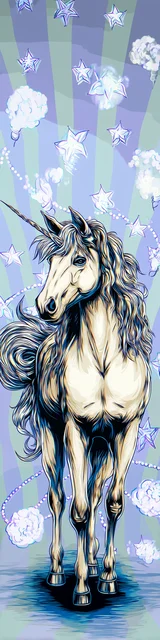 Free dragon bookmark with a standing unicorn on blue splatter paint